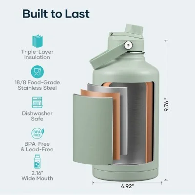 Buzio Duet Series Water Bottle with 2 Lids and Sleeve 1.9L - Green
